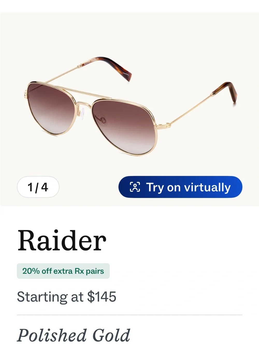 NWT Warby Parker Raider Sunglasses Polished Gold Frame